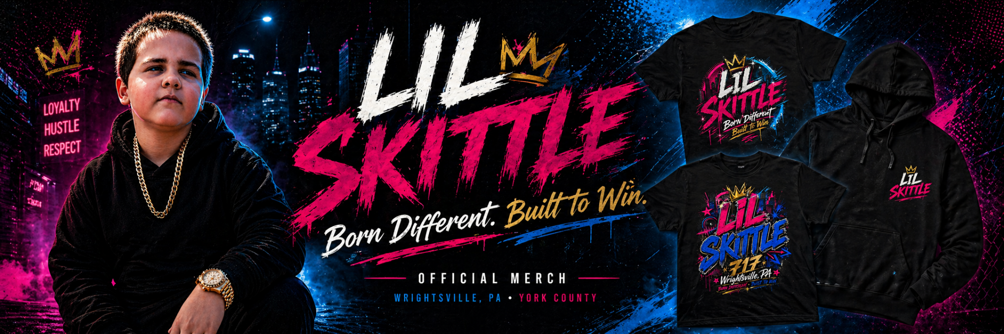 Lil Skittle official merch banner featuring the artist, shirts, hoodie, and Born Different Built to Win branding